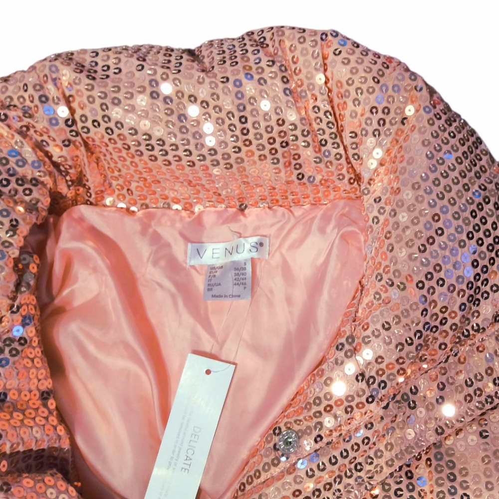 Venus Pink Sequin Puffer Jacket NWT - Winter Feminine Sparkle Outerwear Size SM - Picture 5 of 10